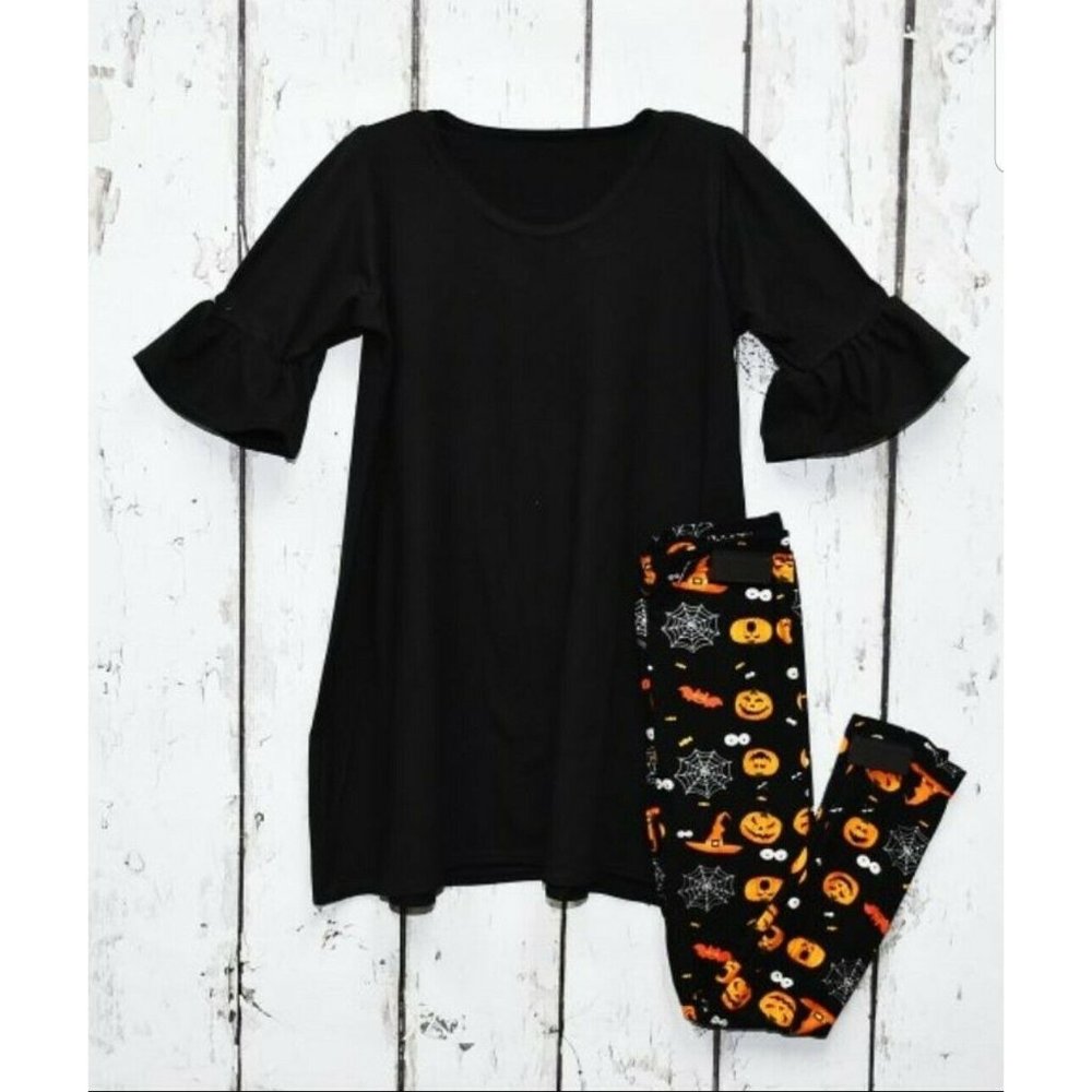 Youth Size 2 Black Bell Sleeve Top & Orange Witch Hat Leggings Halloween Soft